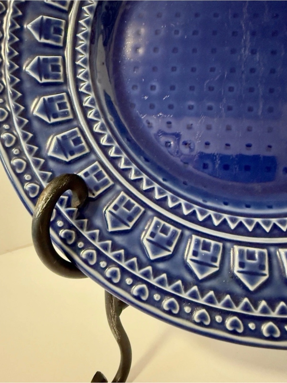 Deep Blue Embossed Ceramic Serving Platter- Textured Geometric Pattern - Picture 2 of 4